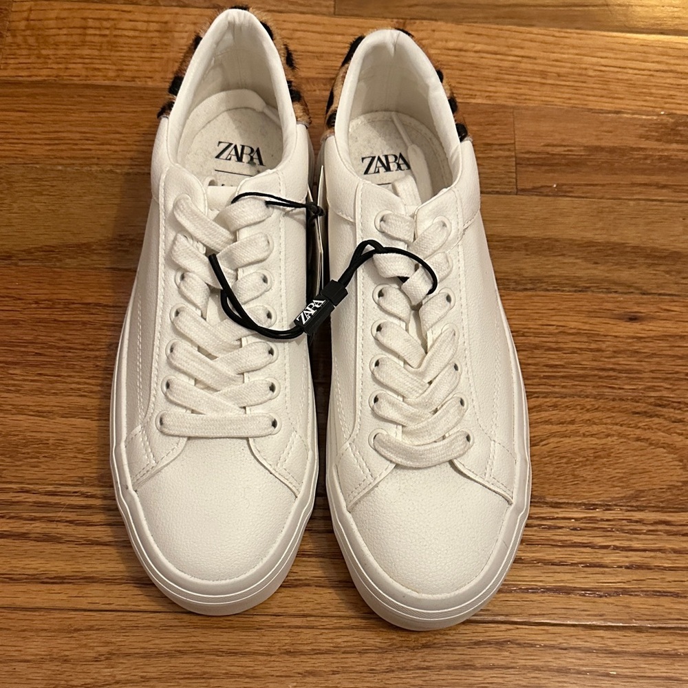 Zara Classic White Sneakers with Leopard Trim